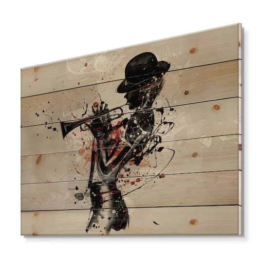Designart - Woman Playing Jazz Trumpet - Modern Print on Natural Pine Wood